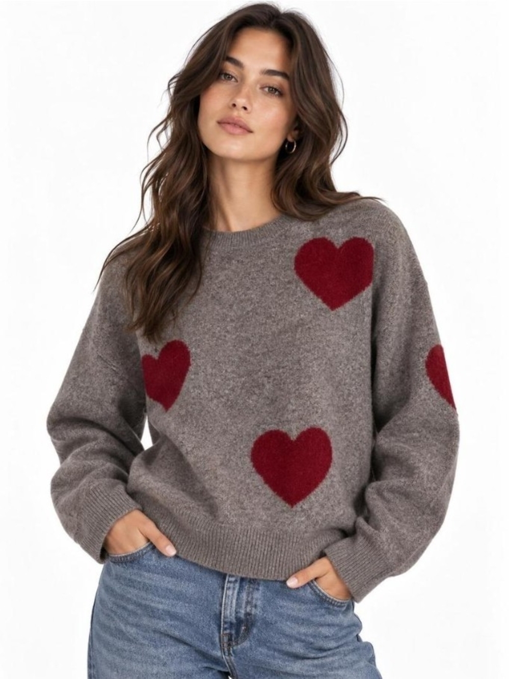 NATURAL LIFE Women's Cozy Crewneck Hearts Sweater Size Medium Boho Love Hygge